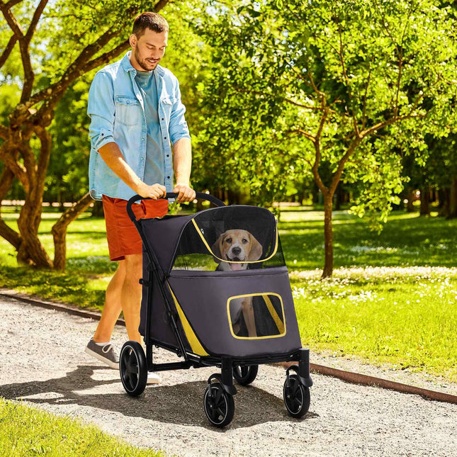 Hondenbuggy, Hondenbuggy Met Kussen, Opvouwbare Kattenbuggy Met Gaasvenster, Veiligheidsriemen, Zijvak, Oxford-Stof, Donkergrijs