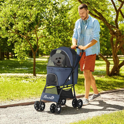 Collapsible pet carriage with cushion, mesh window, 4 wheels