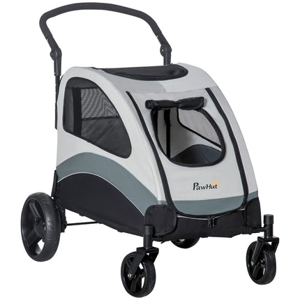 Pet stroller with mesh window and storage, foldable 4-wheel design