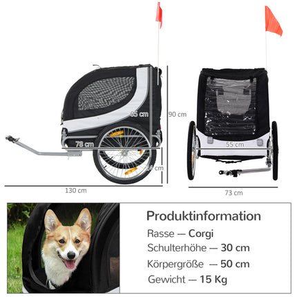Dog bike trailer, White & Black, 130x73x90 cm