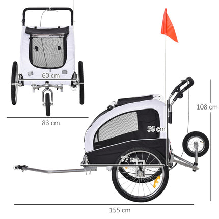 Dog bike trailer - white/black, roomy, 155 x 83 x 108 cm