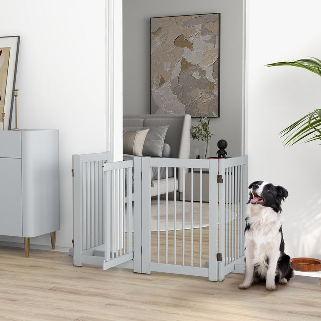 Folding wooden dog gate, Freestanding, Light grey, 204x75 cm