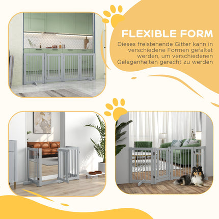 Folding wooden dog gate, Freestanding, Light grey, 204x75 cm