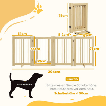 Folding wooden dog gate, 204x75 cm, freestanding safety barrier