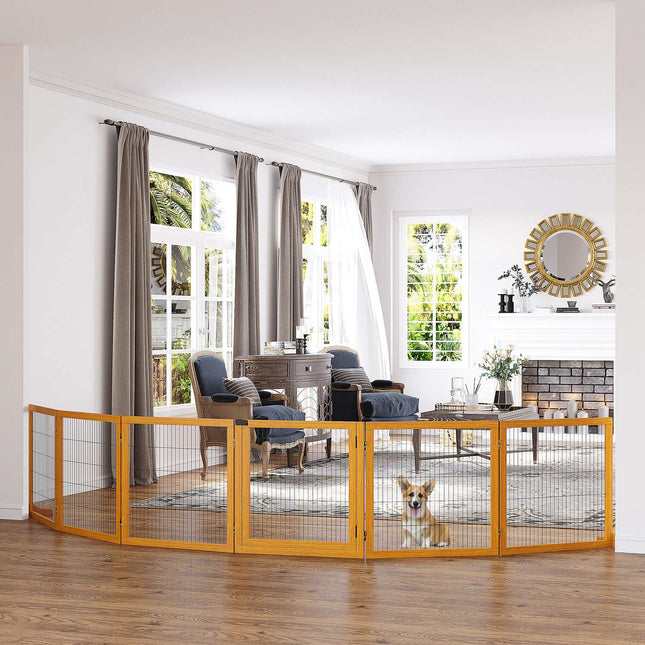 Adjustable Wooden Dog Gate - Collapsible Stair Barrier, 6 Panels