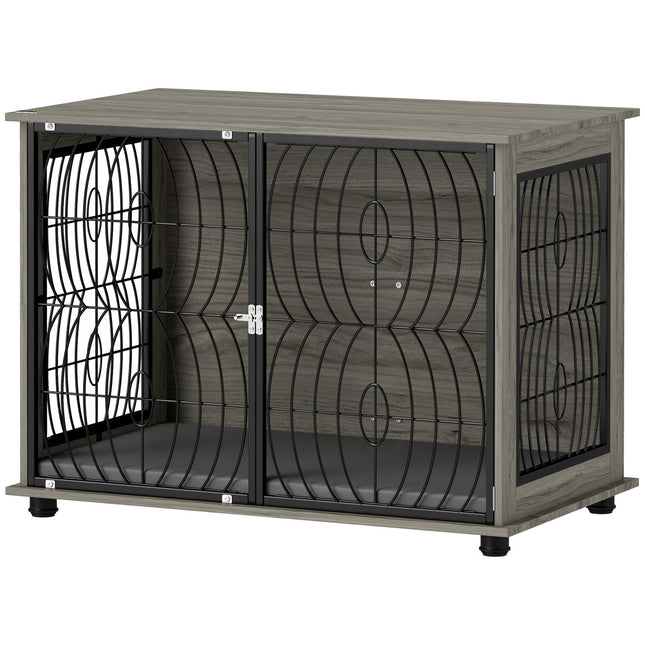 Indoor dog box with cushion and window - large, grey