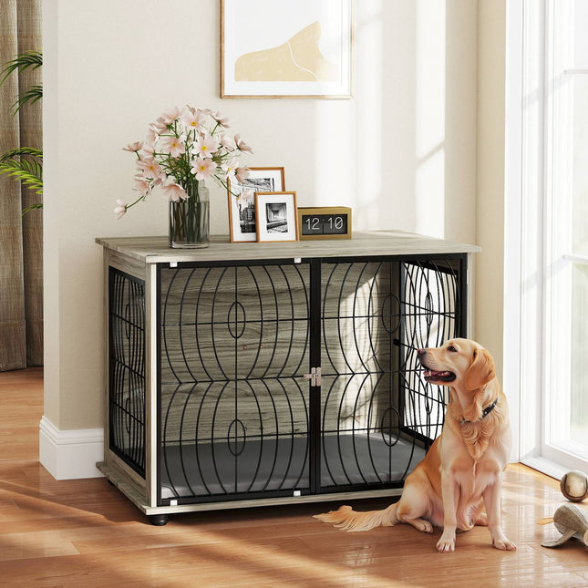 Indoor dog box with cushion and window - large, grey
