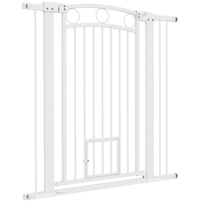 White steel protective gate for dogs and cats, 76-104 cm, no drill installation