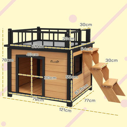 Dog house with balcony and stairs - spruce wood, yellow