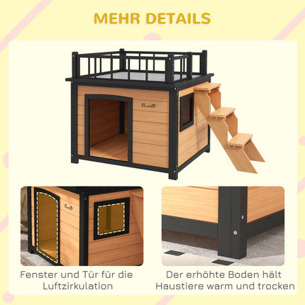 Dog house with balcony and stairs - spruce wood, yellow