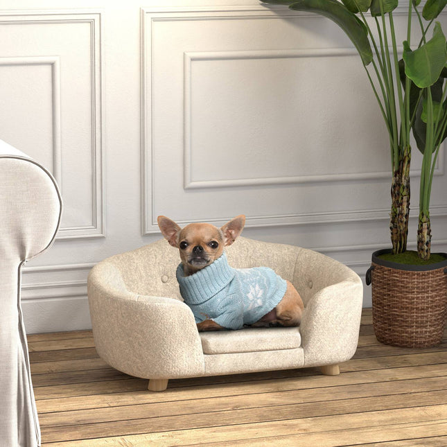 Plush dog sofa with cushion, pine frame, cream white