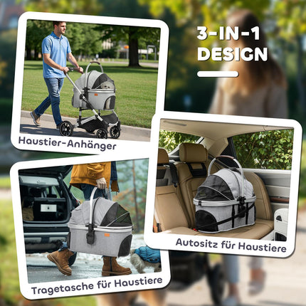 Collapsible 3-in-1 pet carriage with cushions and mesh window