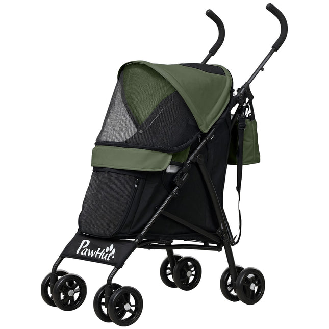 Hondenbuggy hondenbuggy opvouwbaar voor honden & katten tot 4 kg kattenbuggy met gaasramen, schouderband, opbergtas, bekerhouder paraplu kattenbuggy donkergroen Aosom
