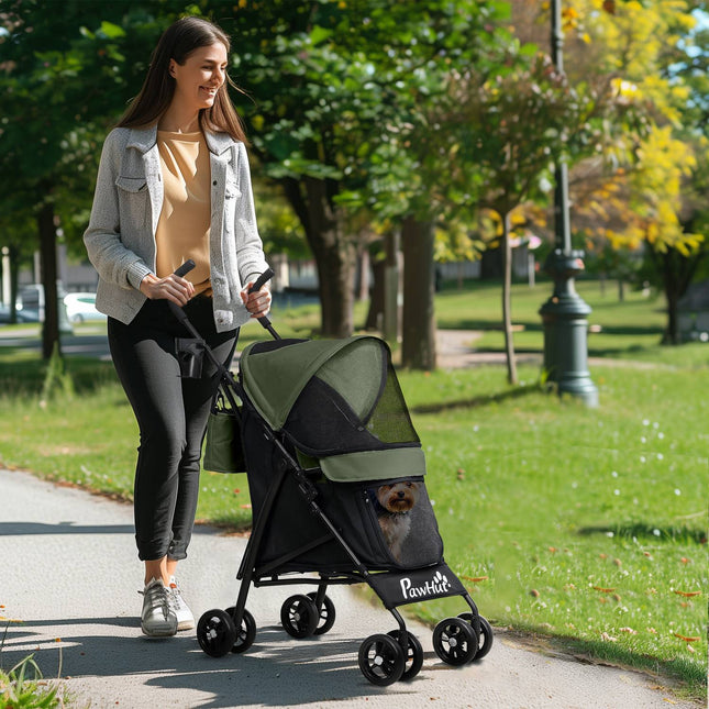 Hondenbuggy hondenbuggy opvouwbaar voor honden & katten tot 4 kg kattenbuggy met gaasramen, schouderband, opbergtas, bekerhouder paraplu kattenbuggy donkergroen Aosom