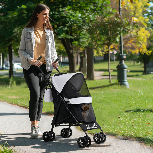Hondenbuggy hondenbuggy opvouwbaar voor honden & katten tot 4 kg kattenbuggy met gaasramen, schouderband, opbergtas, bekerhouder paraplu kattenbuggy lichtgrijs Aosoom