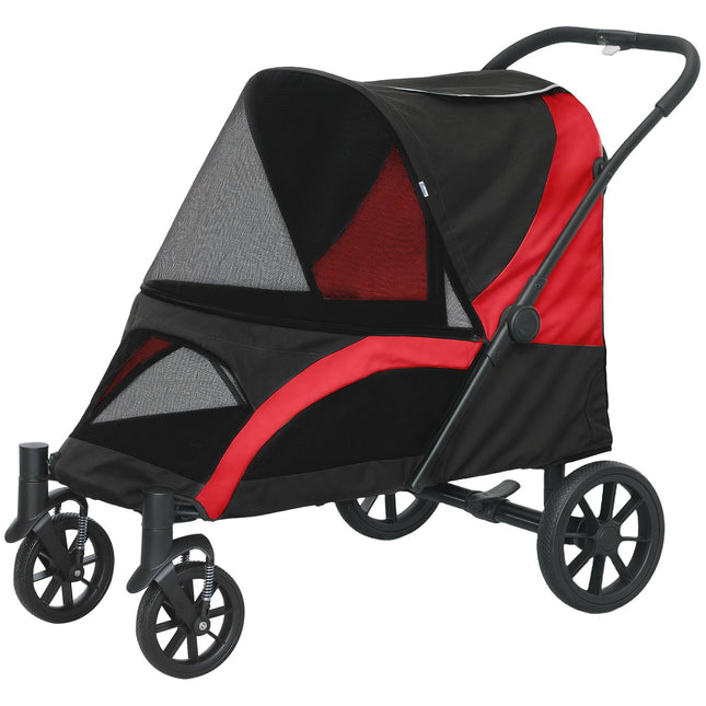 Hondenbuggy hondenbuggy opvouwbaar voor grote honden & katten tot 30 kg kattenbuggy met kussens gaasramen deuren opbergtas kattenbuggy met veiligheidslijnen, remmen, buggy zwart Aosom