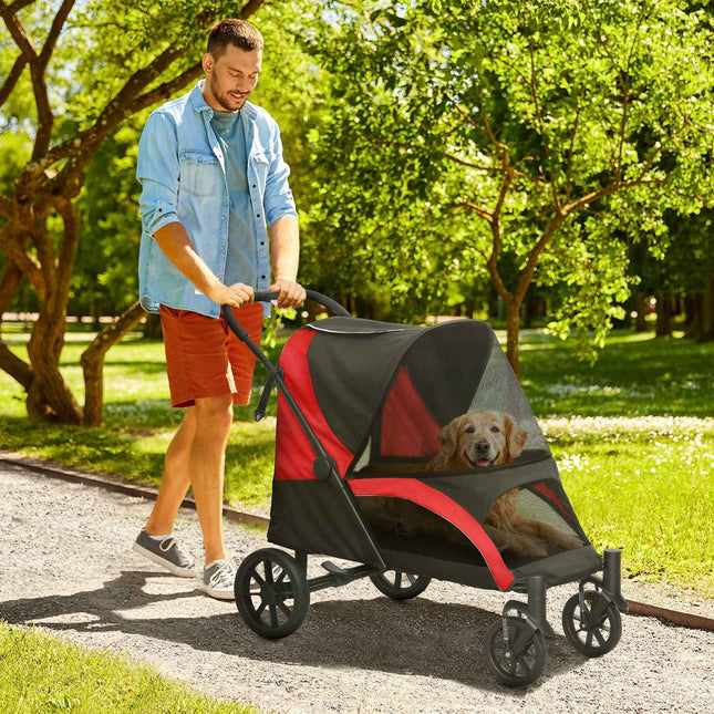Hondenbuggy hondenbuggy opvouwbaar voor grote honden & katten tot 30 kg kattenbuggy met kussens gaasramen deuren opbergtas kattenbuggy met veiligheidslijnen, remmen, buggy zwart Aosom