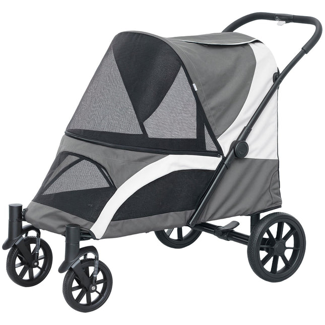 Hondenbuggy hondenbuggy opvouwbaar voor grote honden & katten tot 30 kg kattenbuggy met kussens gaasramen deuren opbergtas kattenbuggy met veiligheidslijnen, remmen, buggy donkergrijs Aosom