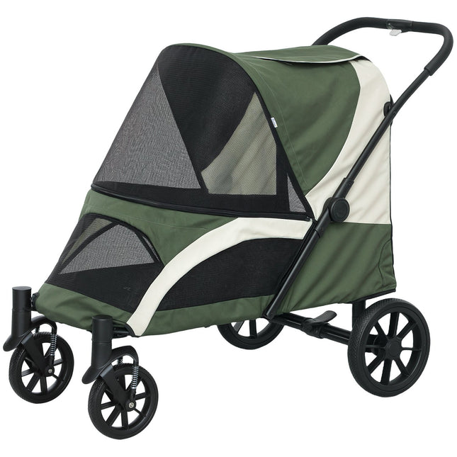 Hondenbuggy hondenbuggy opvouwbaar voor grote honden & katten tot 30 kg kattenbuggy met kussens gaasramen deuren opbergtas kattenbuggy met veiligheidslijnen, remmen, buggy donkergroen Aosoom