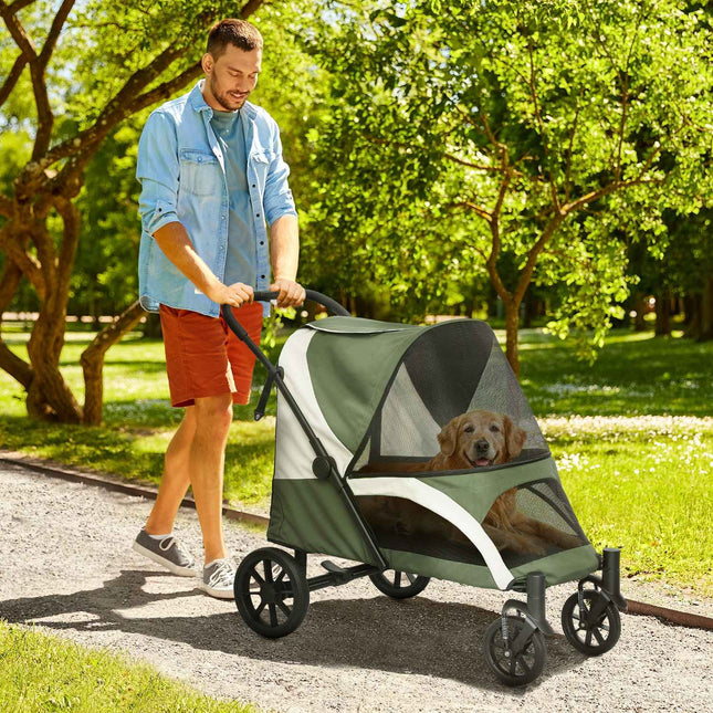 Hondenbuggy hondenbuggy opvouwbaar voor grote honden & katten tot 30 kg kattenbuggy met kussens gaasramen deuren opbergtas kattenbuggy met veiligheidslijnen, remmen, buggy donkergroen Aosoom