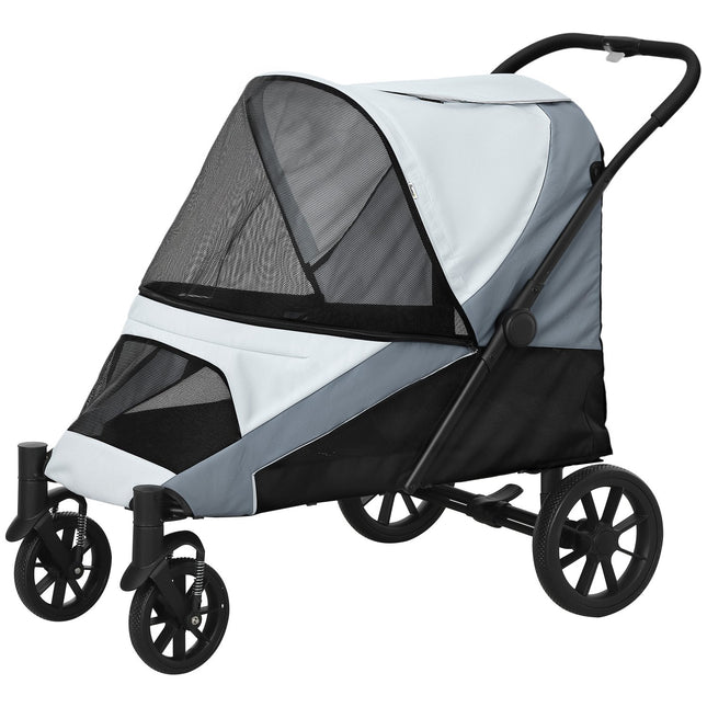 Hondenbuggy hondenbuggy opvouwbaar voor grote honden & katten tot 30 kg kattenbuggy met kussens gaasramen deuren opbergtas kattenbuggy met veiligheidslijnen, remmen, buggy grijs Aosom