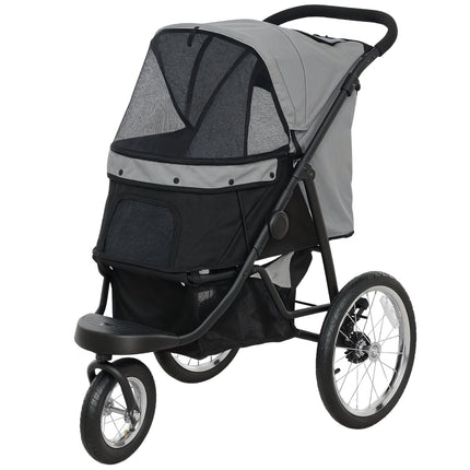 Collapsible dog and cat stroller, 3-wheeled, up to 10 kg, grey