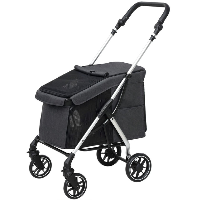 Hondenbuggy, lichte hondenbuggy van aluminium, opvouwbaar voor honden en katten tot 10 kg, kattenbuggy met kussens, gaasramen, deuren, opbergmand, kattenbuggy, buggy, grijs Aosom