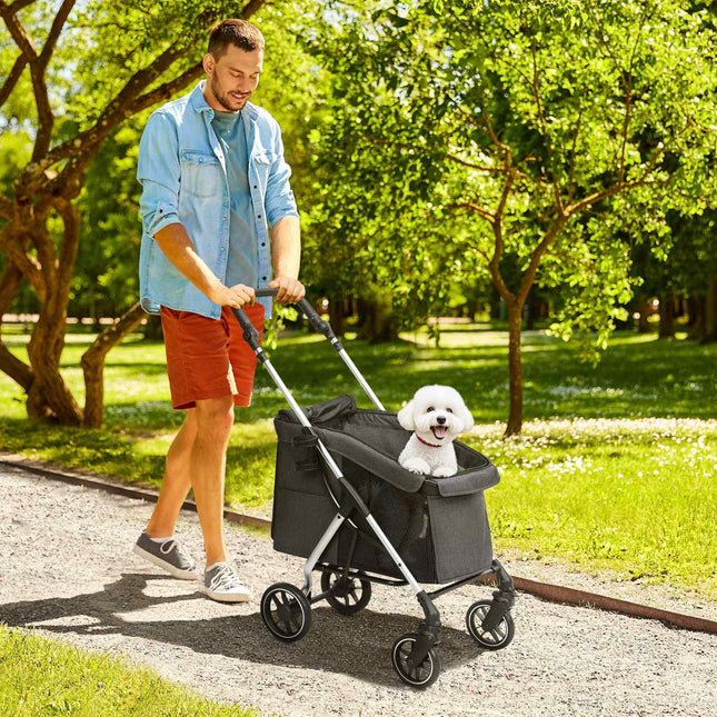 Hondenbuggy, lichte hondenbuggy van aluminium, opvouwbaar voor honden en katten tot 10 kg, kattenbuggy met kussens, gaasramen, deuren, opbergmand, kattenbuggy, buggy, grijs Aosom