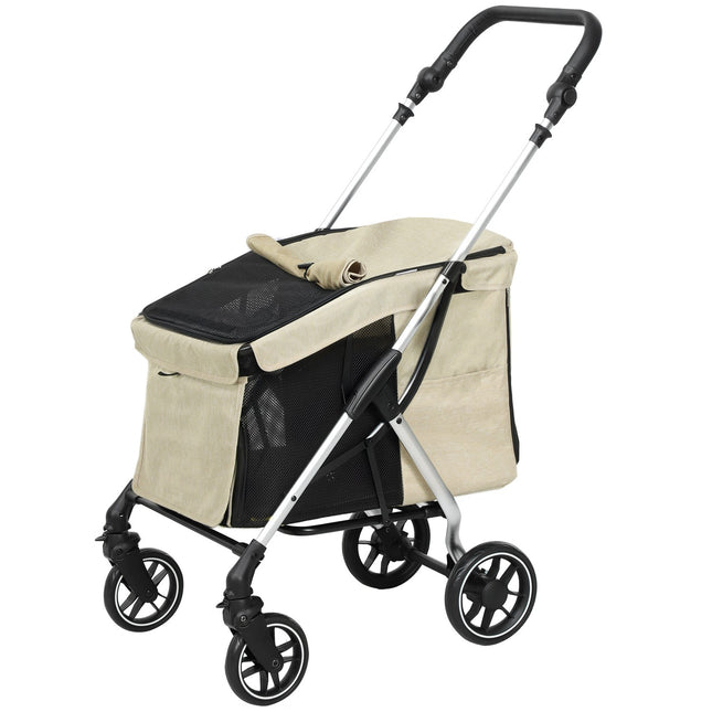 Hondenbuggy, lichte hondenbuggy van aluminium, opvouwbaar voor honden en katten tot 10 kg, kattenbuggy met kussens, gaasramen, deuren, opbergmand, kattenbuggy, buggy, kaki