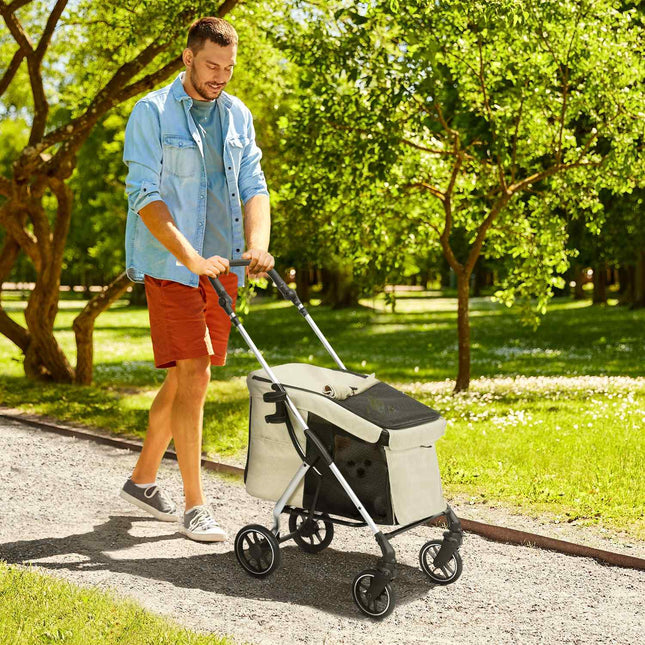 Hondenbuggy, lichte hondenbuggy van aluminium, opvouwbaar voor honden en katten tot 10 kg, kattenbuggy met kussens, gaasramen, deuren, opbergmand, kattenbuggy, buggy, kaki