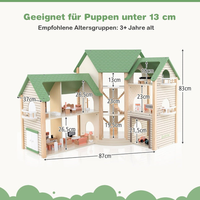 Dollhouse with green roof & 36 accessories playset “Corner Villa” made of wood DIY dream house