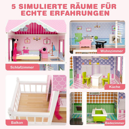 Dollhouse wooden dollhouse with furniture & accessories 3 tier dollhouse toy 80 x 33 x 114 cm