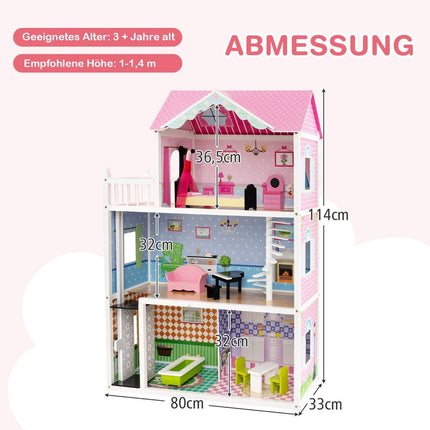 Dollhouse wooden dollhouse with furniture & accessories 3 tier dollhouse toy 80 x 33 x 114 cm