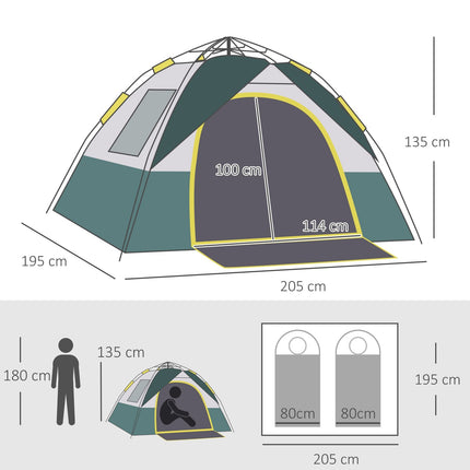 3-person dome tent, waterproof polyester, green, 205x195x135cm