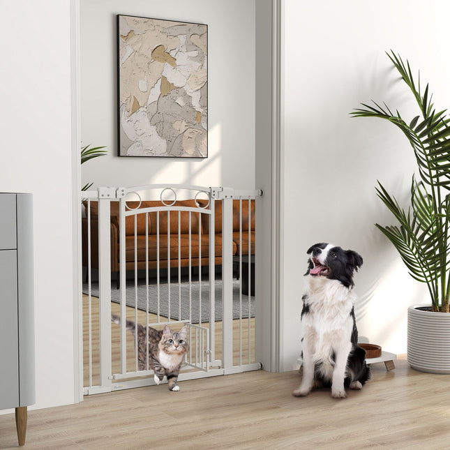 Dog protection gate with cat door, Adjustable 76-104 cm, Drill-free steel