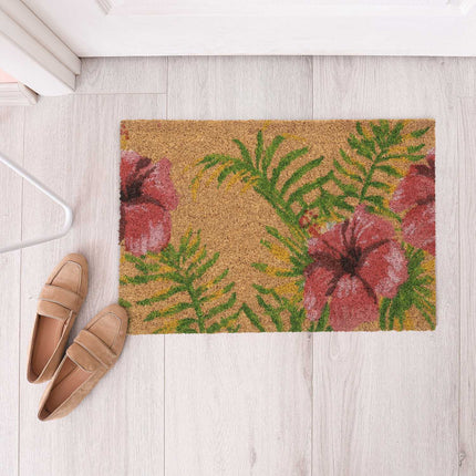 Door mat coconut fiber with tropical motif