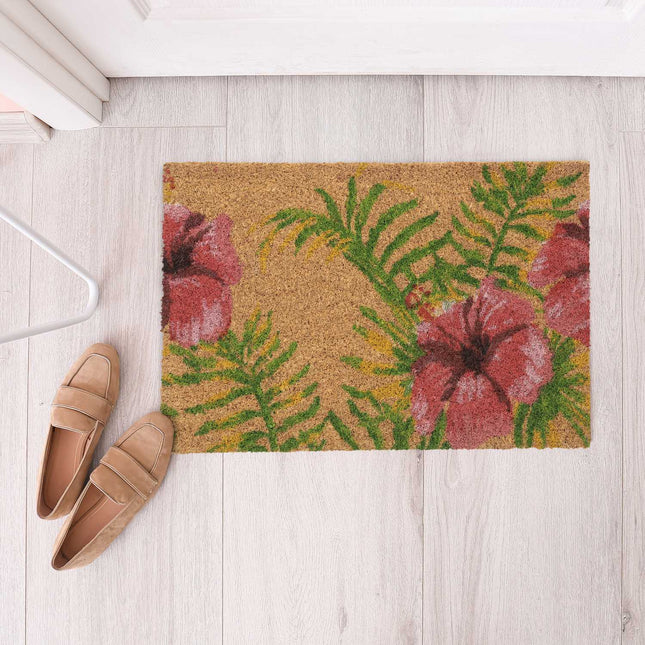 Door mat coconut fiber with tropical motif