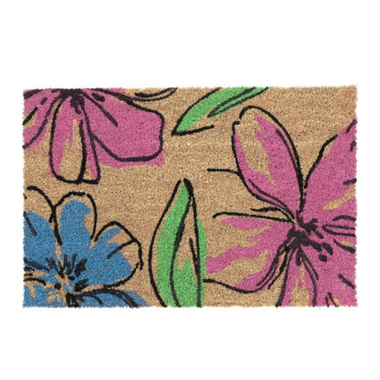 Door mat in coconut with floral motifs