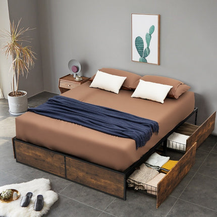 Double Bed Frame Heavy Duty Metal Bed with 4 Drawers Wooden Base End Rustic Brown