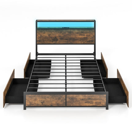 Double Bed Frame with LED Platform Bed & Drawers Noise-Free Bed Frame Rustic Brown
