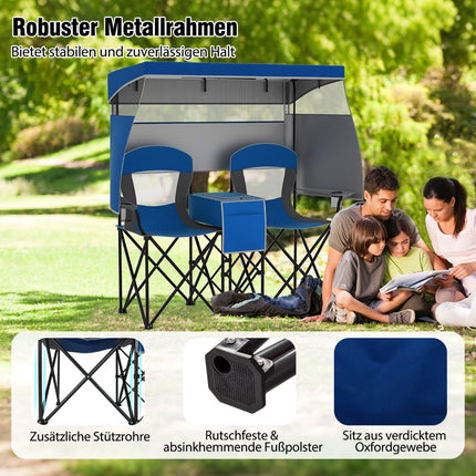 Double Camping Chair with Adjustable Canopy, Cooler & Cup Holders