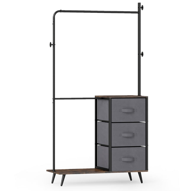 Double Clothes Rack with Shelves & Hooks, Metal Frame