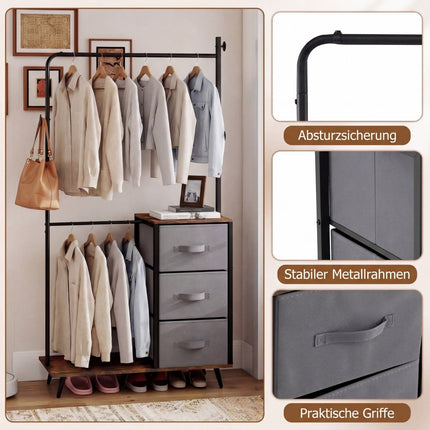 Double Clothes Rack with Shelves & Hooks, Metal Frame
