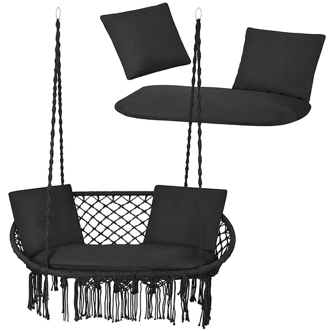 Set met kussens voor een dubbele tuinschommel, zwart, polyester-katoen