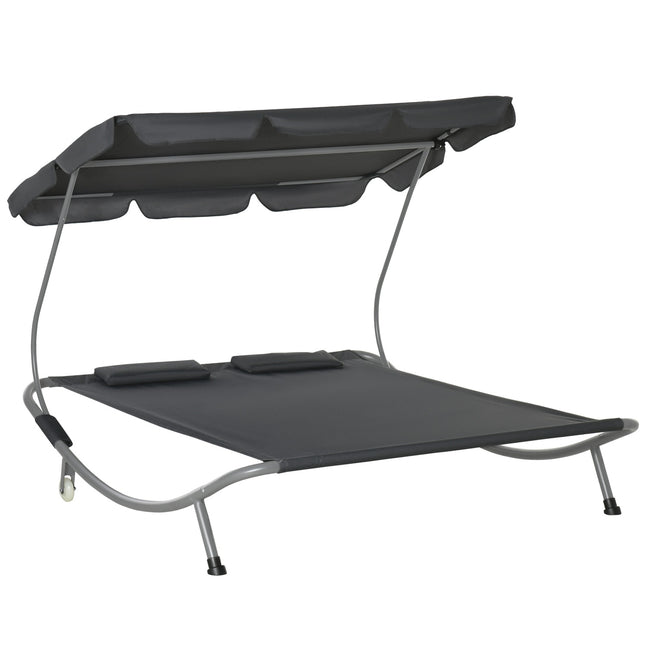 Double sun lounger in gray steel with rollable roof, 200x170x134cm