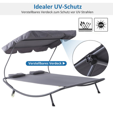 Double sun lounger in gray steel with rollable roof, 200x170x134cm