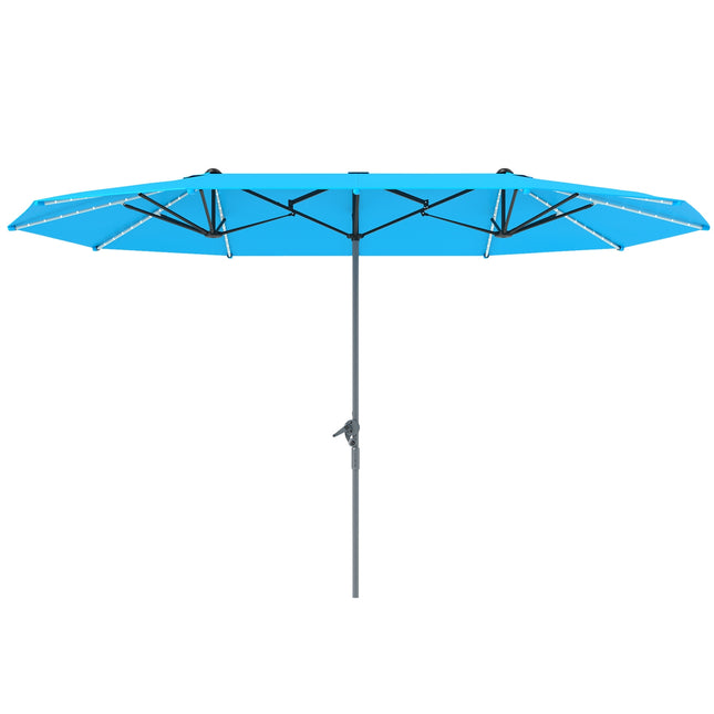 Podwójny parasol z diodami LED na energię słoneczną 451 x 267 cm Aluminiowy parasol UV 50+ z korbą Parasol balkonowy Wiatroszczelny parasol targowy Ochrona przeciwsłoneczna na plażę Balkon Ogród Niebieski |