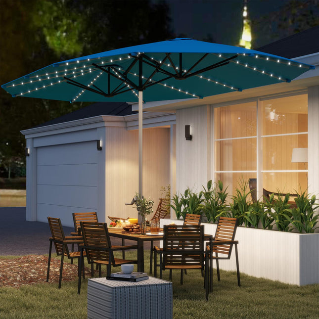 Podwójny parasol z diodami LED na energię słoneczną 451 x 267 cm Aluminiowy parasol UV 50+ z korbą Parasol balkonowy Wiatroszczelny parasol targowy Ochrona przeciwsłoneczna na plażę Balkon Ogród Niebieski |