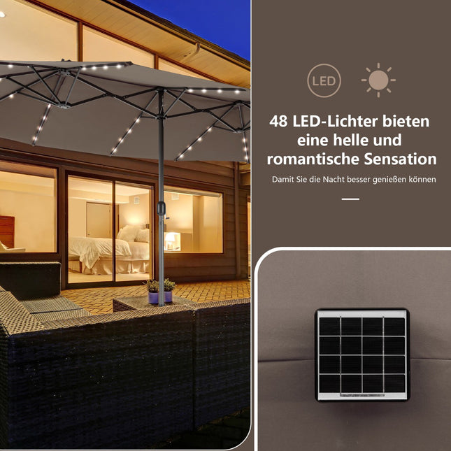 Podwójny parasol tarasowy 470 x 280 cm, diody LED zasilane energią słoneczną, podstawa