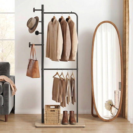 Double Rod Clothes Rack with Wood Hooks and Shelf
